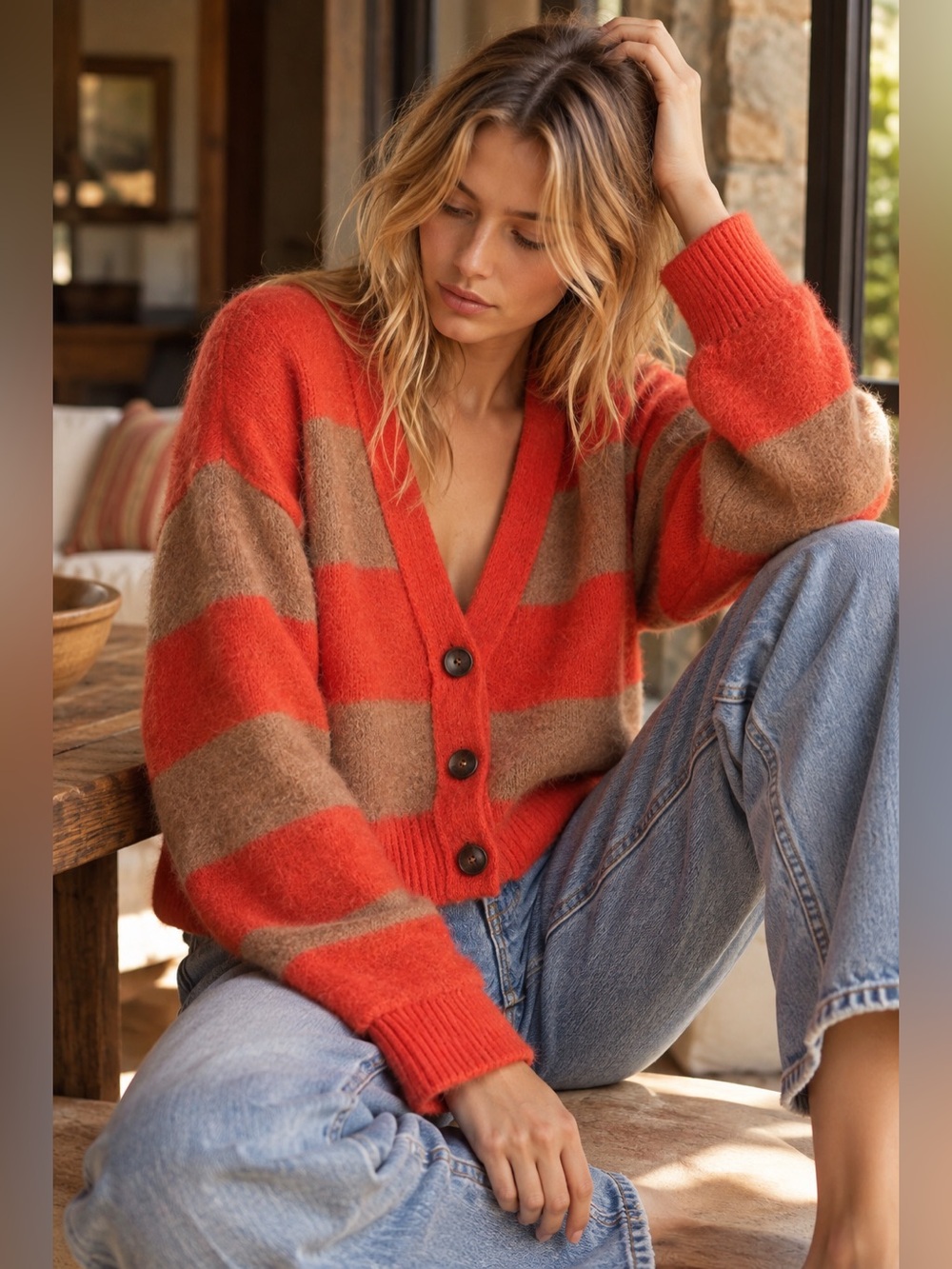 Free People Eclair Striped Alpaca Cardigan Orange Tan Brown M